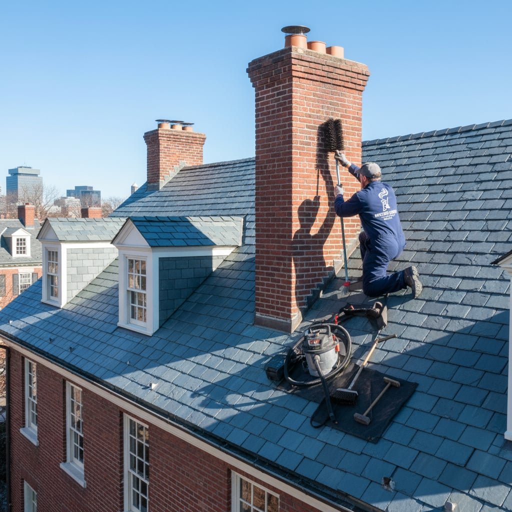 Master Hearth Chimney Sweep team working on chimney
